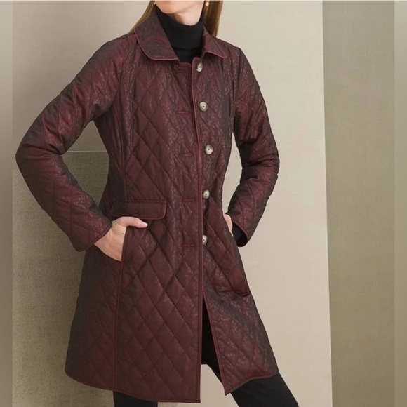 Chico's Jackets & Blazers - Chico's Burgundy Coat Long Quilted Animal-Print Sz 0 Small 4/6